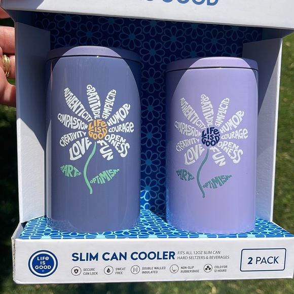 Life is Good 2-Pack Slim Can Coolers Purple Daisy Design The Art of Optimism - Picture 5 of 9